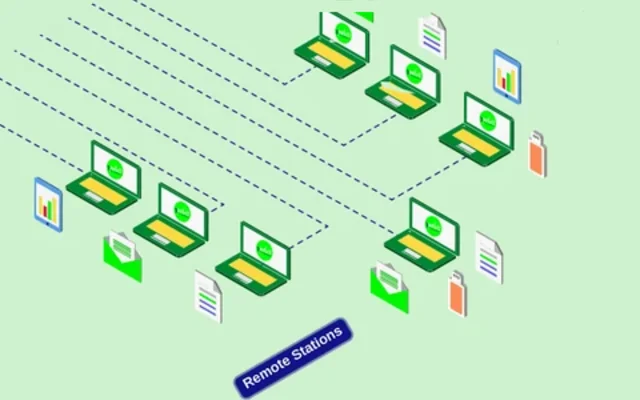 Remote stations: laptops at home and job sites, each with its own secure connection to the company Private Cloud